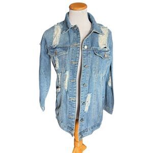 Womens RK Denim Distressed Deconstructed Medium Rinse Jean Jacket - Sz M